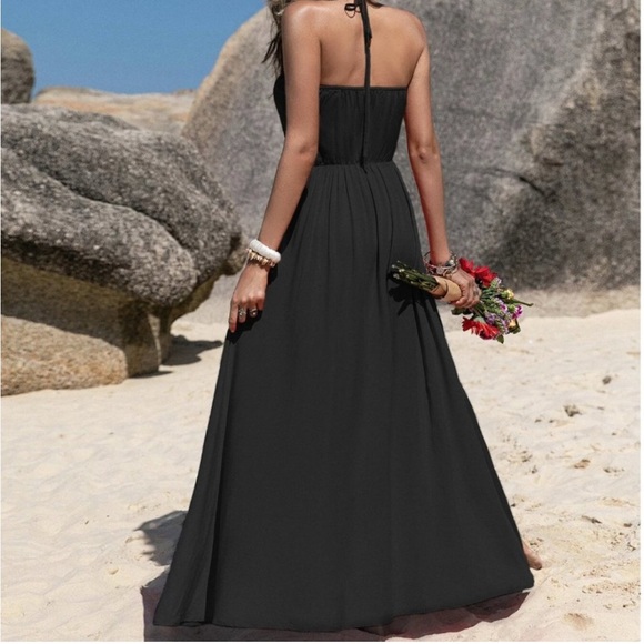Boho Black Knot Front Tie Back Maxi Halter Dress - Picture 2 of 4